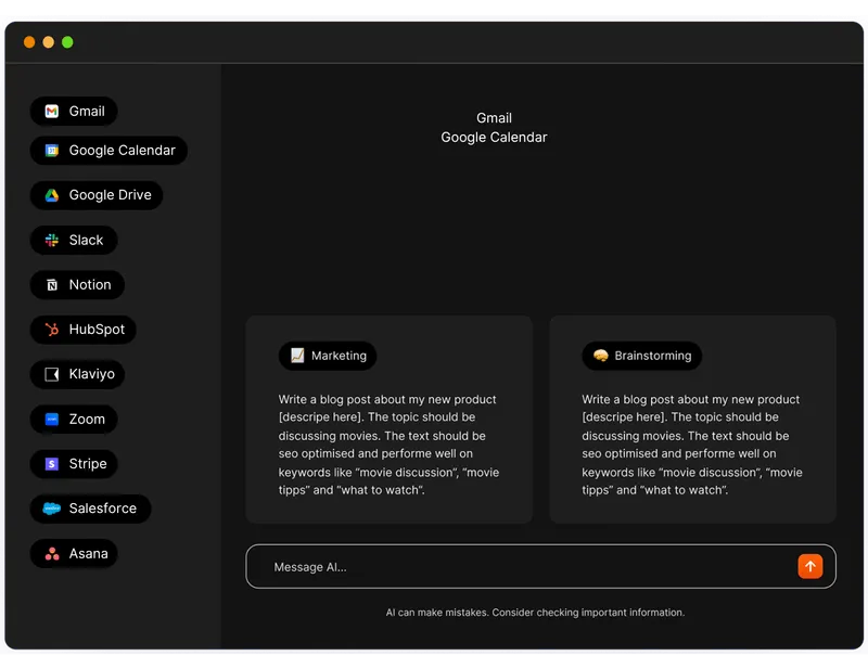 Claude connected to Gmail, Google Calendar, Google Drive, Slack, Notion, HubSpot, Klaviyo, Zoom, Stripe, Salesforce and Asana, with Marketing and Brainstorming Specialists side by side.