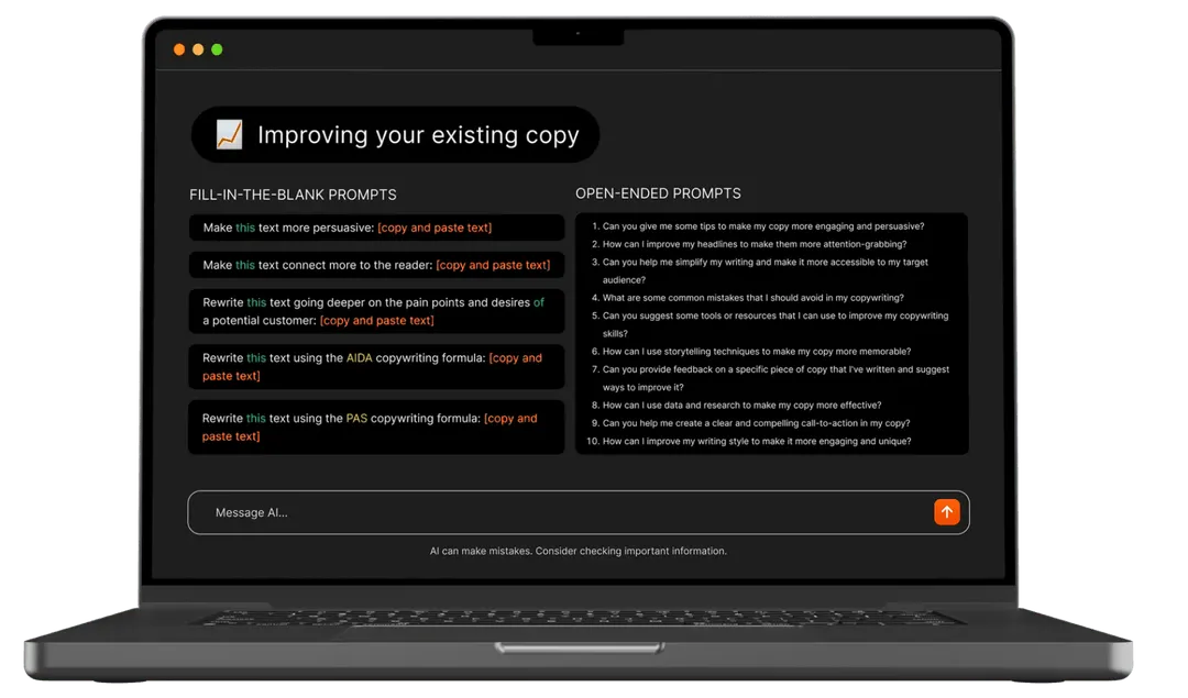 A laptop showing a Claude prompt library: fill-in-the-blank and open-ended prompts for improving your existing copy.
