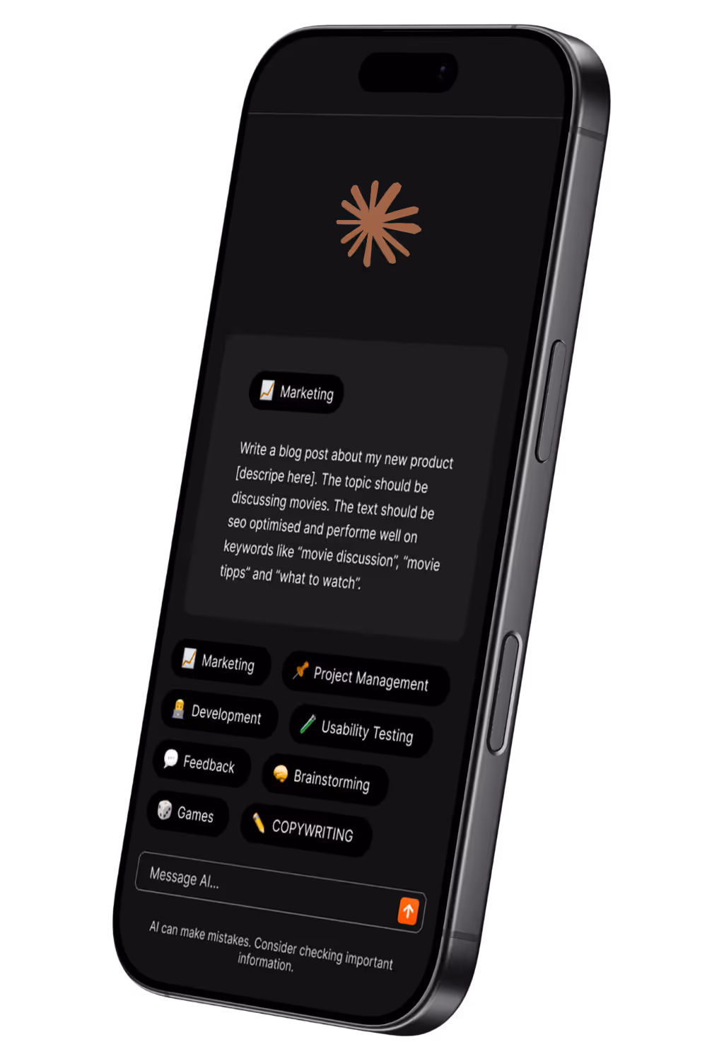 A phone showing Claude with Specialist categories - Marketing, Project Management, Development, Usability Testing, Feedback, Brainstorming, Copywriting - and a drafted blog-post prompt.